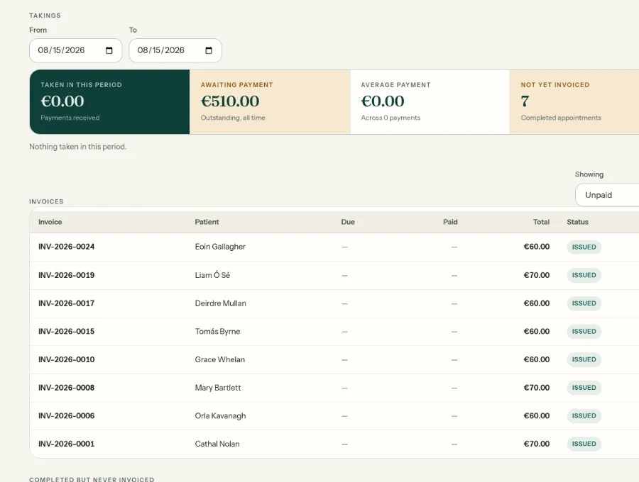 The billing screen: invoices with what is paid, part-paid and outstanding, and the day's takings.