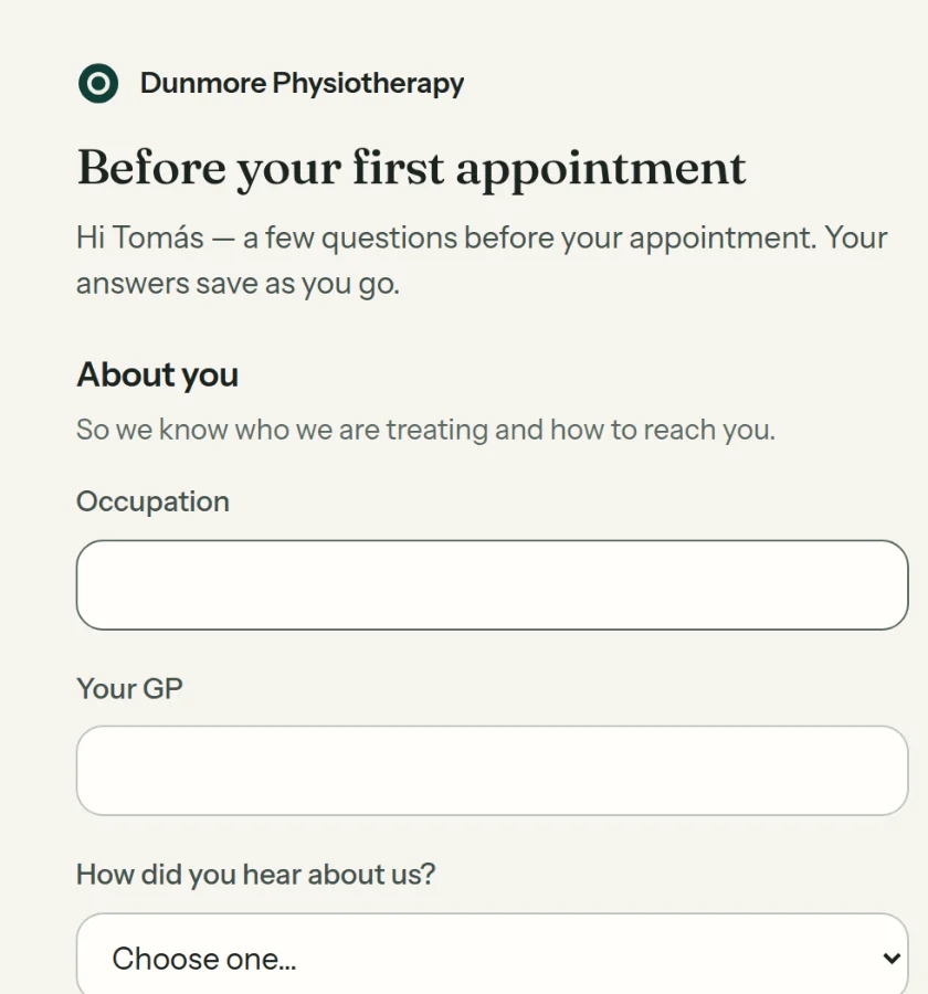 An intake form on a phone: the clinic's name at the top, sections for details and symptoms, and a signature pad.